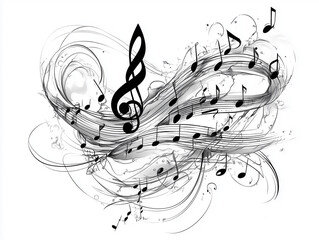 Black and white illustration of abstract musical notes and pentagrams dancing in the air.