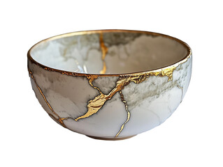 Close-up of a ceramic bowl restored using the Japanese technique of Kintsugi or Kintsukuroi, which involves the use of gold leaf. Transparent background.