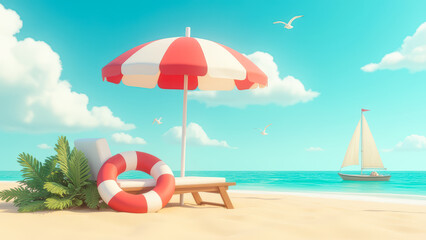 Tropical beach scene with a red and white umbrella, sailing boat, life preserver, and serene turquoise water under a clear sky