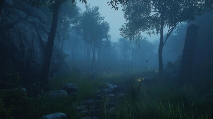 Obraz premium Mysterious Forest Path at Dusk Foggy Woodland Scene