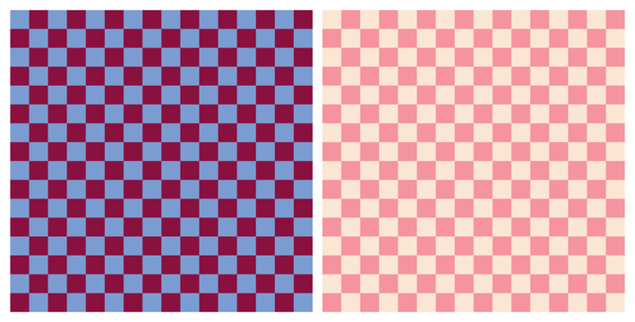 Set of two y2k check boards in blue and pink a seamless repeat pattern. Bundle of geometric grid aop, all over surface print.