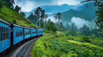 Obraz premium Scenic Train Ride Through Lush Green Hills and Mountains in Mist