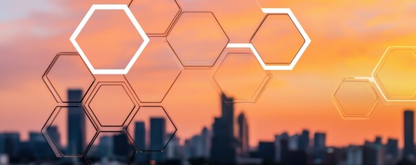 A vibrant sunset cityscape featuring geometric hexagon shapes overlaying a skyline, suggesting innovation or technology.