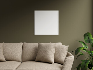 Elegant white frame mockup against a dark green backdrop, featuring a plush sofa with textured cushions and a decorative plant.