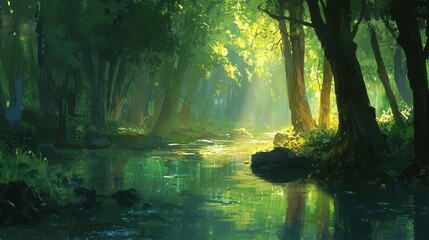 Fototapeta premium Sunlit Forest Stream Tranquil Nature Scene