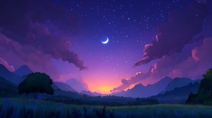 A vibrant twilight sky with the moon and stars beginning to shine