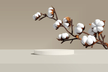Podium with single white cotton branch on a light beige background.