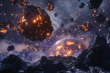 In the universe, there is an asteroid belt composed of rocks and meteorites.