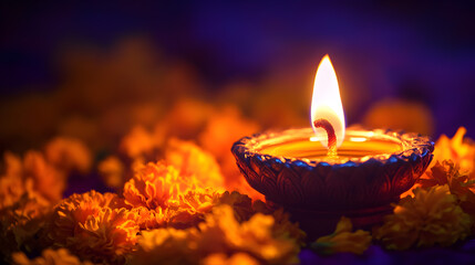 Diwali festival illumination, a lit diya amidst vibrant marigold flowers celebrations light