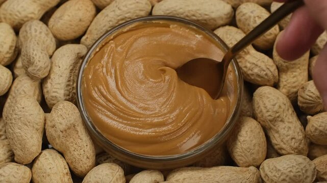 Peanut butter scooping with golden spoon, close up. Creamy smooth peanut butter and whole peanuts