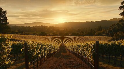 Obraz premium Golden Hour Vineyard Sunset Rows of Grapes at Dusk