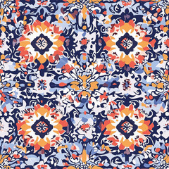 Fototapeta premium Colorful oriental mosaic square rug print with geometric ornament. floral motifs and geometric ornaments Design for a scarf, shawl, plaid, pareo, hijab, scarf and other textiles