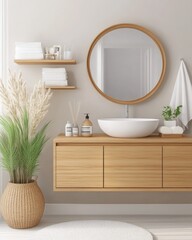 Fototapeta premium Interior Bathroom Design Wooden Vanity White Sink Round Mirror Plants and Decorative Elements in Neutral Tones