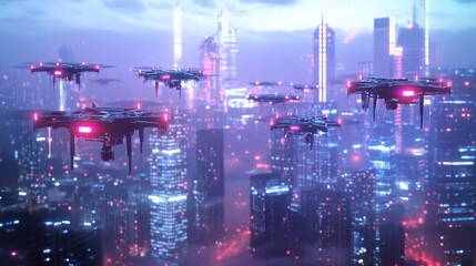 Fototapeta premium AI-controlled drone swarm scanning urban city