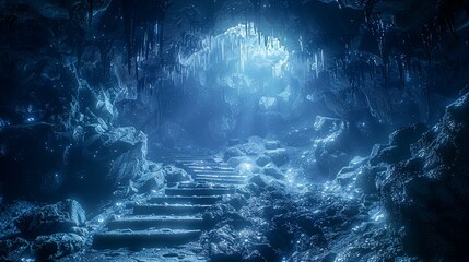 A mysterious illuminated cave reveals an inviting staircase ahead
