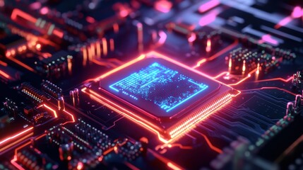 Obraz premium AI-enhanced quantum chip glowing with cybernetic energy