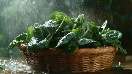 Green spinach in the rain