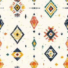 A seamless pattern of colorful Aztec tribal designs with symmetrical geometric shapes and patterns, and yellow on an off-white background