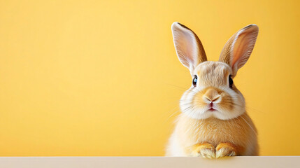 Obraz premium A close-up of a cute light tan bunny rabbit on a cream ledge against a bright yellow background, perfect for Easter promotions, children's parties, or pet-themed designs.