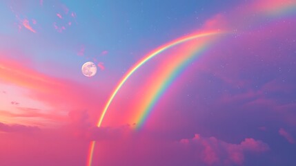 A vivid double rainbow stretched across a twilight sky with the moon rising