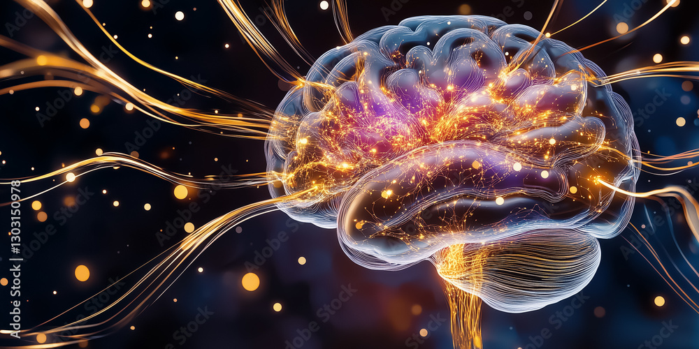 Poster an abstract representation of a neural network in the form of a brain reveals vibrant data streams c
