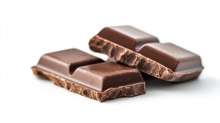 Two chocolate bars isolated on a white background, close-up photography with copy space in the middle