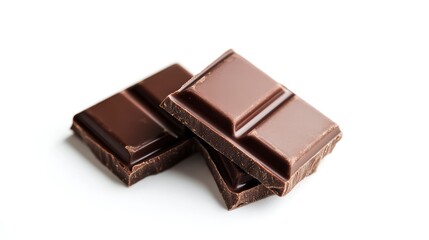 Two chocolate bars isolated on a white background, close-up photography with copy space in the middle