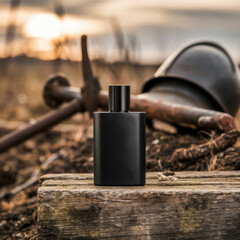 Obraz premium Bold and rugged cologne branding with a minimalist perfume bottle resting in the middle of a desolate battlefield scene evoking power and masculinity.
