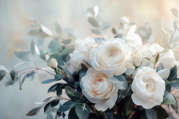 Obraz premium Elegant wedding bouquet with white roses, peonies, and eucalyptus leaves, soft natural lighting, blurred romantic background.
