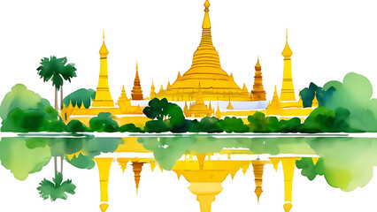 Shwedagon Pagoda Watercolor Painting Reflecting on Water in Yangon Myanmar