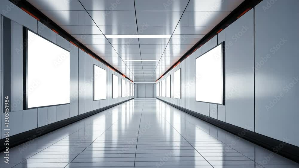 Poster subway passage and empty screens: a perspective view of a futuristic and minimalist subway passage w
