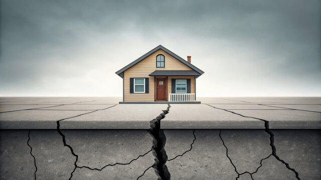 small house sits on cracked foundation, symbolizing instability and potential danger. scene evokes feelings of concern and urgency regarding structural integrity