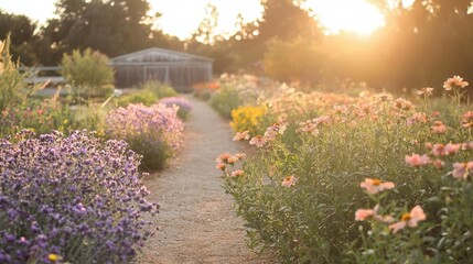 Golden Hour Garden Path with Blooming Flowers