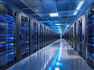 Fototapeta premium High-Tech Data Center Hallway with Servers, Supercomputers, and Cloud Storage Benefits Icon