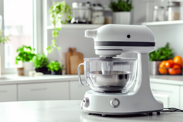 Advanced food processor with multiple detachable accessories in a bright, modern kitchen.