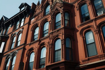 Obraz premium Exquisite Detail of Historic Ornate Red Brick Building Facade