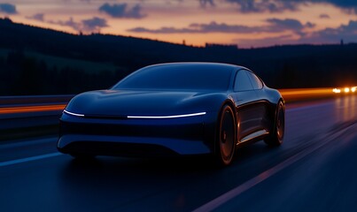 Futuristic car on highway at dusk