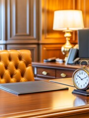 Elegant office interior featuring a wooden desk, leather chair, and classic clock under warm lighting