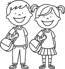 Children Black Outline Holding School Bag with a book Line art vector clipart illustration .	