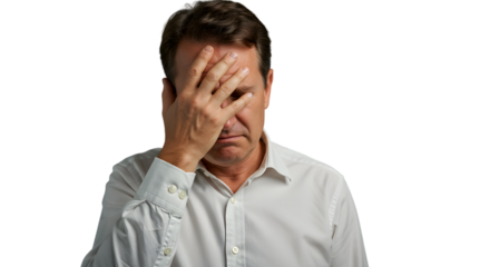 Frustrated Man Doing Facepalm Gesture Expressing Stress And Disappointment On A Transparent Background PNG.