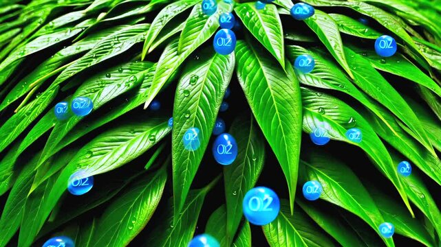 Oxygen molecules emerging from verdant leaves, depicting photosynthetic process with microscopic clarity and vibrant green biomass background