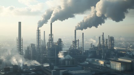 Obraz premium A pollution-heavy skyline showcases industrial smokestacks emitting steam into the atmosphere under a hazy sky.