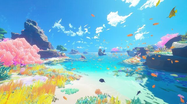 Vibrant coral reef tropical fish sunny beach scene