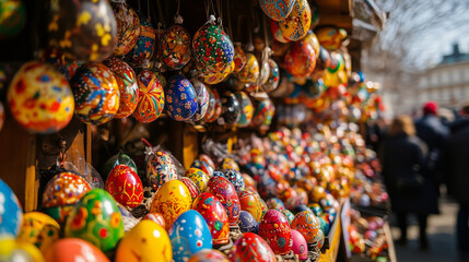 Fototapeta premium Colorful decorated Easter eggs displayed at an outdoor market stand, showcasing traditional hand-painted crafts during a spring holiday seasonal market.
