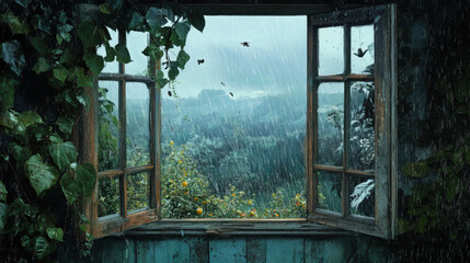 Rainy day window view scenery landscape interior inspiration backdrop wallpaper background