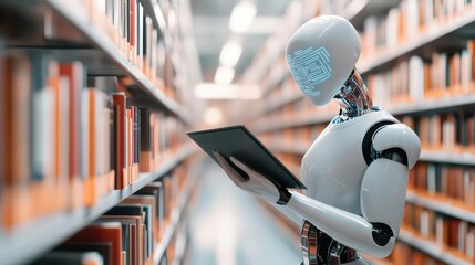 A futuristic library where AI generates customized study plans for students