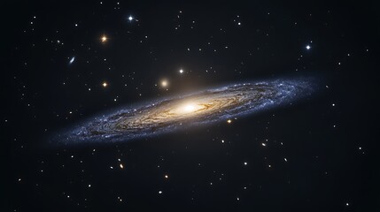 The faint outline of a dwarf galaxy glowing softly against the vast darkness of space