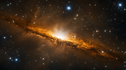 The faint outline of a galaxy seen through the glow of cosmic dust clouds