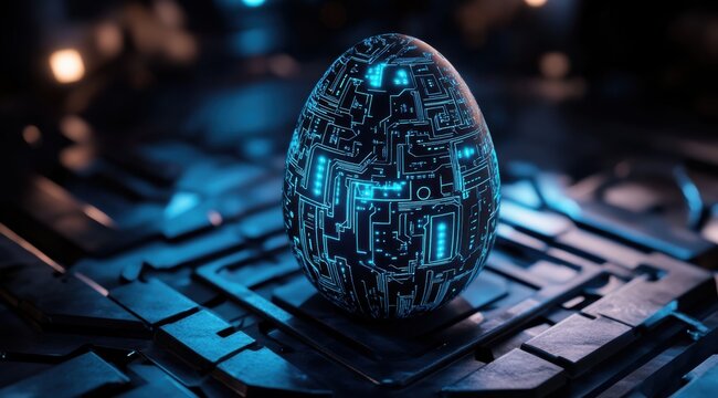 Cinematic shot of a futuristic Easter egg crafted from black circuit board material, glowing with blue light atop a sci-fi dark metal platform, set against a hyper-realistic technology background.