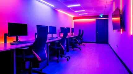 Modern workspace with glowing neon light, featuring computer stations and sleek chairs
